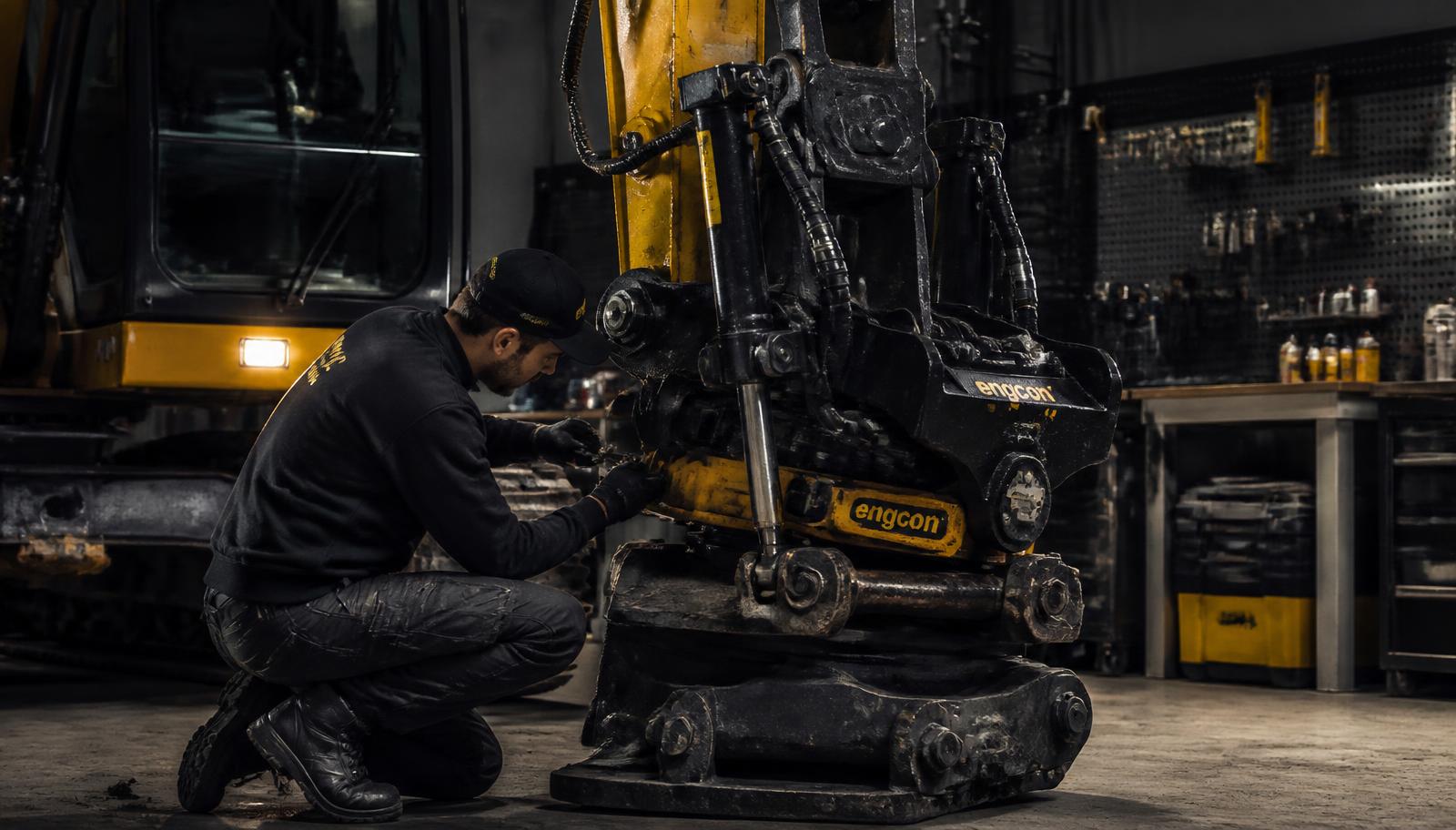 Técnico realizando mantenimiento a un cabezal rotativo de excavadora